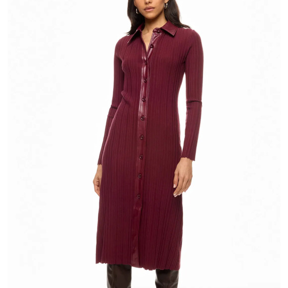 Toccin Burgundy Ribbed Knit Shirt Dress XS Midi Office Work Designer $525 - Picture 1 of 14